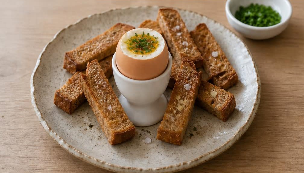 Weichgekochtes Ei mit Vollkorn-Toast-Mouillettes – Zubereitung Schritt für Schritt – Anrichten und servieren