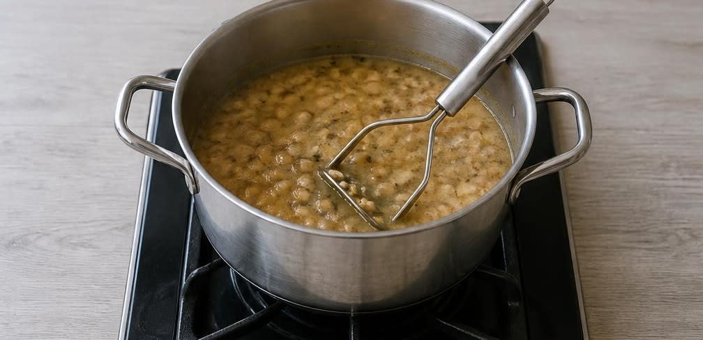 Tunesische Lablabi (Kichererbsen-Frühstückssuppe) – Zubereitung Schritt für Schritt – Suppe würzen und andrücken