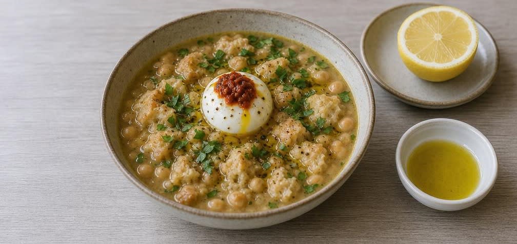 Tunesische Lablabi (Kichererbsen-Frühstückssuppe) – Zubereitung Schritt für Schritt – Anrichten