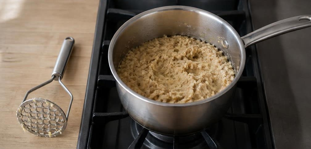 Libanesischer Kichererbsen-Stampf mit Olivenöl und Oliven – Zubereitung Schritt für Schritt – Kichererbsen stampfen