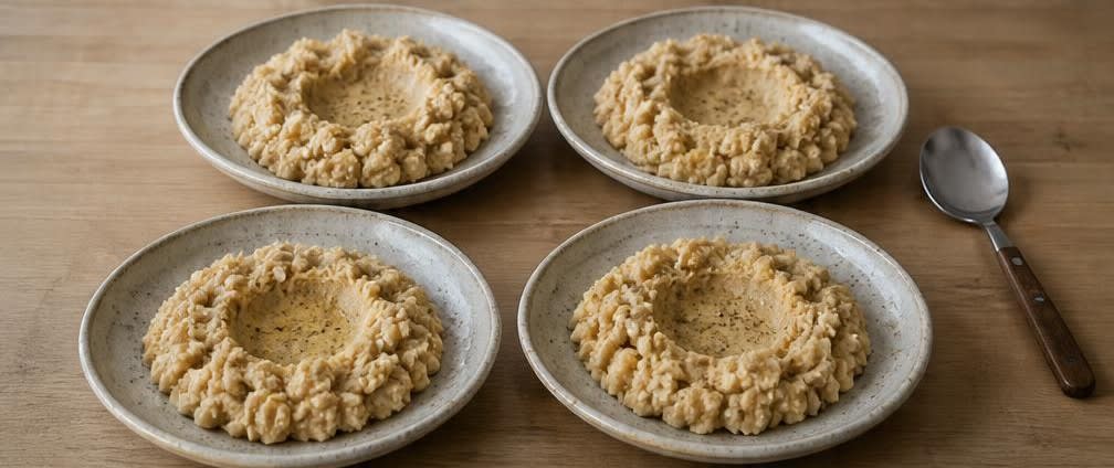 Libanesischer Kichererbsen-Stampf mit Olivenöl und Oliven – Zubereitung Schritt für Schritt – Stampf portionieren
