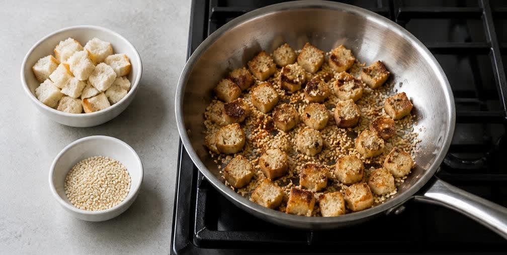 Warmes libanesisches Kichererbsen-Frühstück mit Zitrone und Sesam – Zubereitung Schritt für Schritt – Brot und Sesam rösten