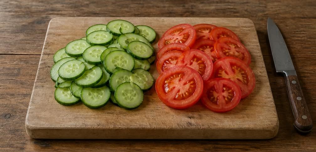 Türkisches Fladenbrot mit mariniertem Feta und knackiger Gurke – Zubereitung Schritt für Schritt – Gurke und Tomaten schneiden
