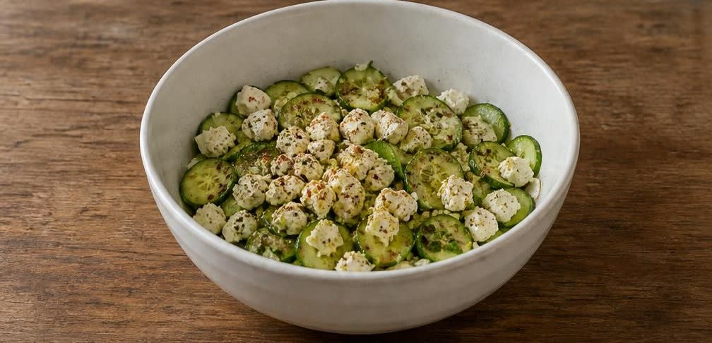 Türkisches Fladenbrot mit mariniertem Feta und knackiger Gurke – Zubereitung Schritt für Schritt – Feta-Gurken-Mischung herstellen