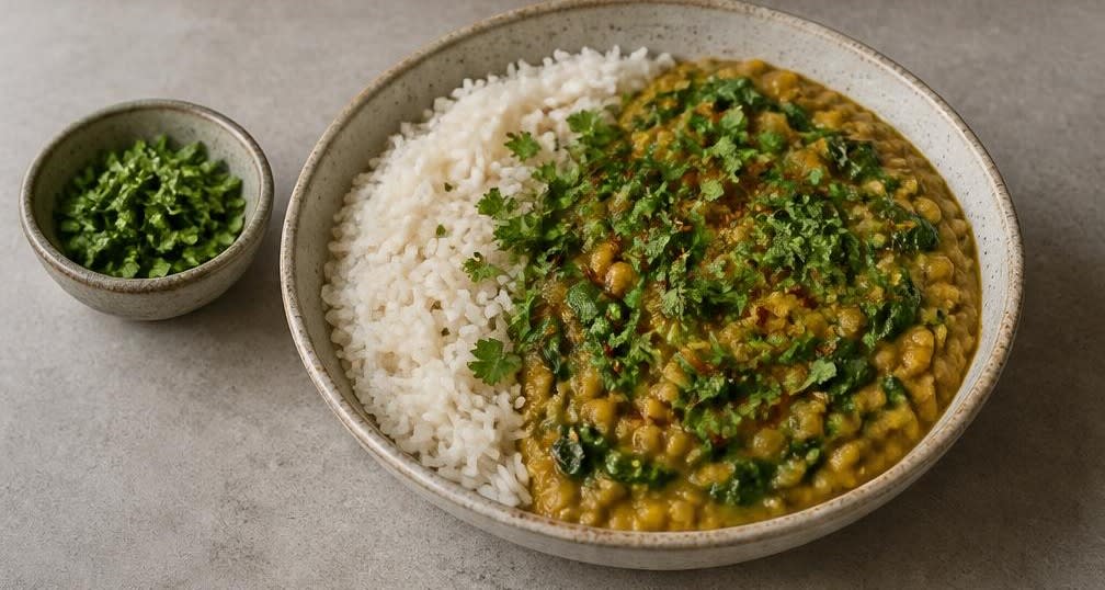 Cremiges Linsen-Spinat-Dal mit Basmatireis – Zubereitung Schritt für Schritt – Anrichten