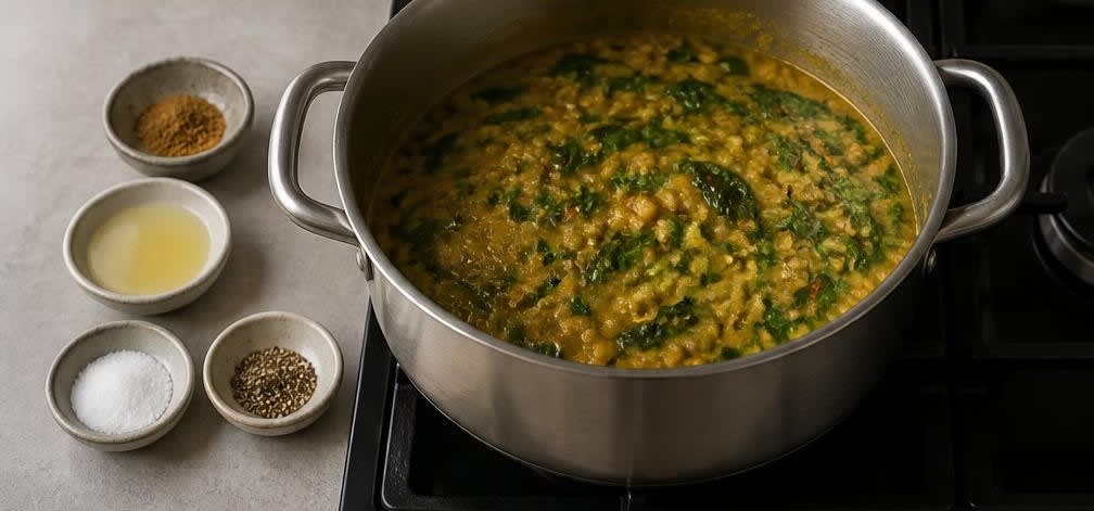 Cremiges Linsen-Spinat-Dal mit Basmatireis – Zubereitung Schritt für Schritt – Spinat unterrühren