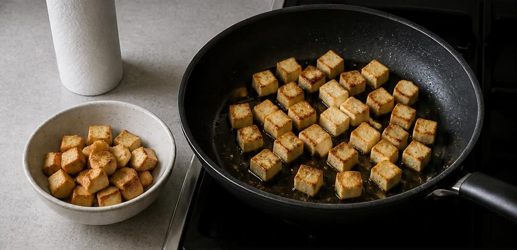 Cremiges Thai-Tofu-Curry mit Brokkoli – Zubereitung Schritt für Schritt – Tofu knusprig braten