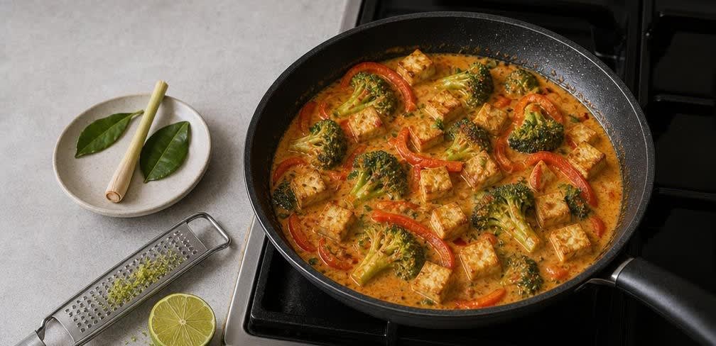 Cremiges Thai-Tofu-Curry mit Brokkoli – Zubereitung Schritt für Schritt – Tofu und Limette hinzufügen
