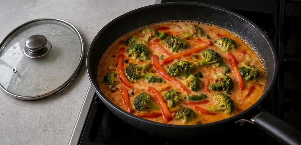 Cremiges Thai-Tofu-Curry mit Brokkoli – Zubereitung Schritt für Schritt – Gemüse in Sauce garen
