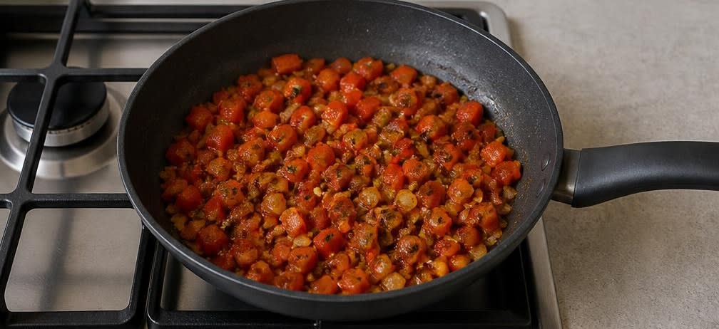 Mexikanische Schwarze-Bohnen-Pfanne mit Mais – Zubereitung Schritt für Schritt – Paprika mitbraten