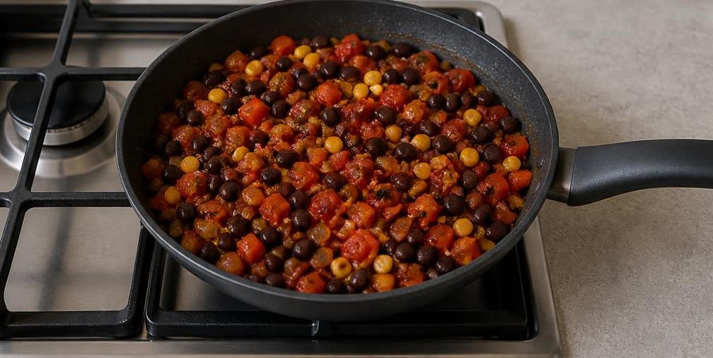 Mexikanische Schwarze-Bohnen-Pfanne mit Mais – Zubereitung Schritt für Schritt – Bohnen, Mais, Tomaten hinzufügen