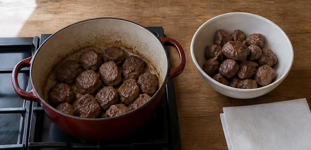 Geschmorte Rinderschulter mit Karotten und Zwiebeln – Zubereitung Schritt für Schritt – Fleisch anbraten