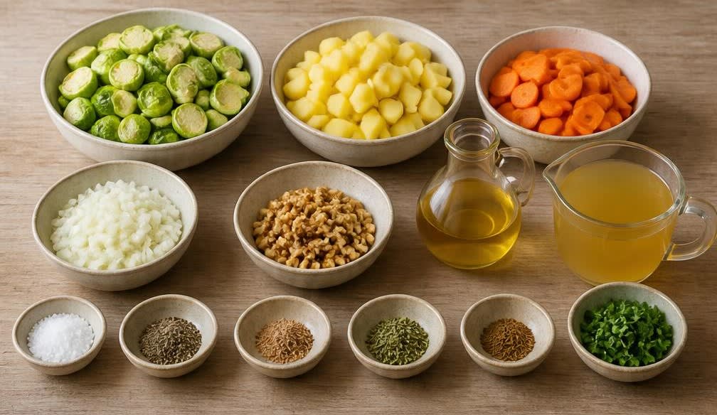 Deftige Rosenkohl-Kartoffel-Pfanne mit gerösteten Walnüssen – Zutaten