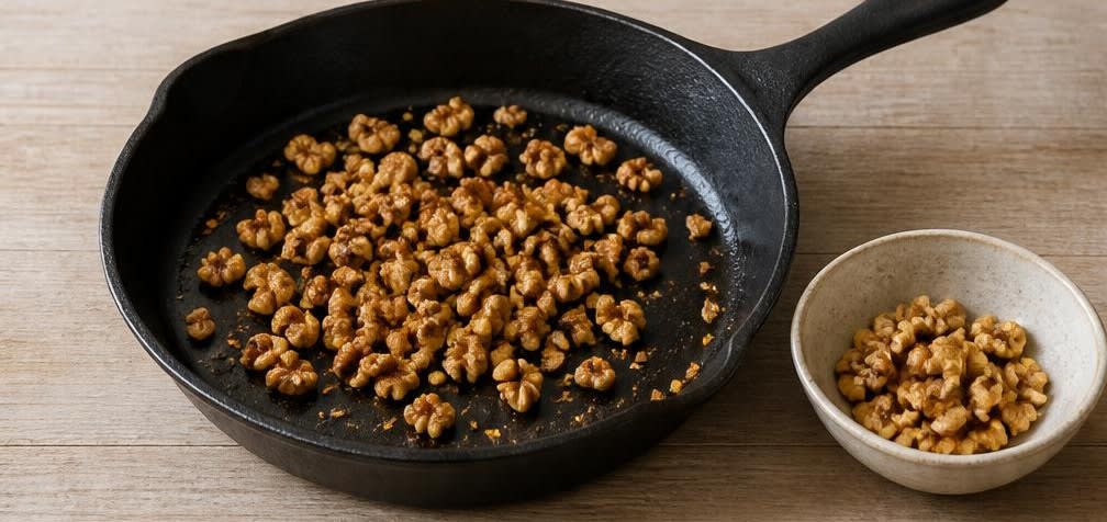 Deftige Rosenkohl-Kartoffel-Pfanne mit gerösteten Walnüssen – Zubereitung Schritt für Schritt – Walnüsse rösten