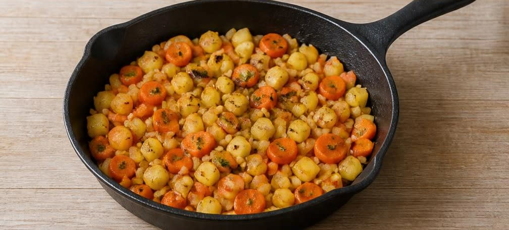 Deftige Rosenkohl-Kartoffel-Pfanne mit gerösteten Walnüssen – Zubereitung Schritt für Schritt – Gemüse anbraten