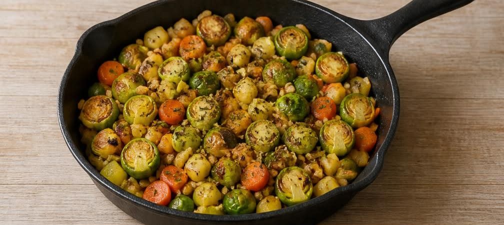 Deftige Rosenkohl-Kartoffel-Pfanne mit gerösteten Walnüssen – Zubereitung Schritt für Schritt – Rosenkohl und Gewürze mitrösten