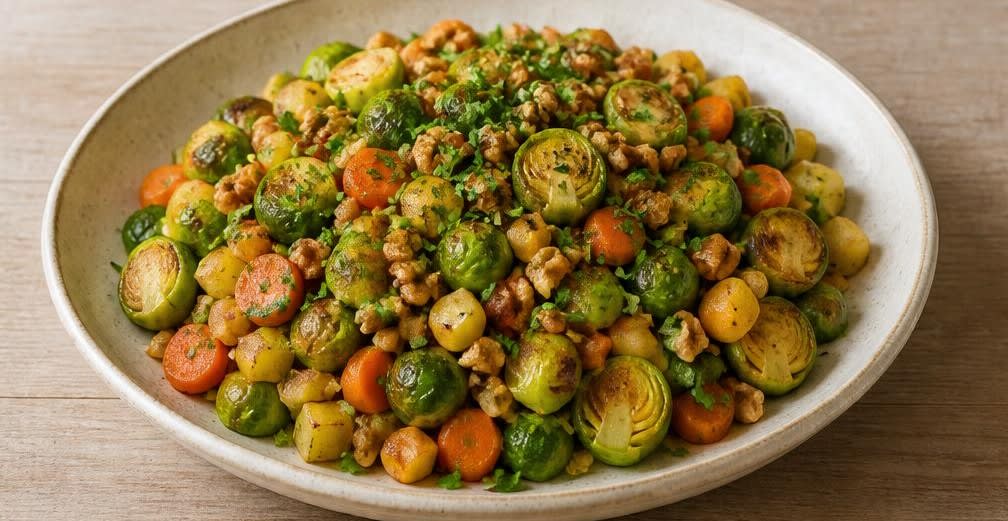 Deftige Rosenkohl-Kartoffel-Pfanne mit gerösteten Walnüssen – Zubereitung Schritt für Schritt – Anrichten
