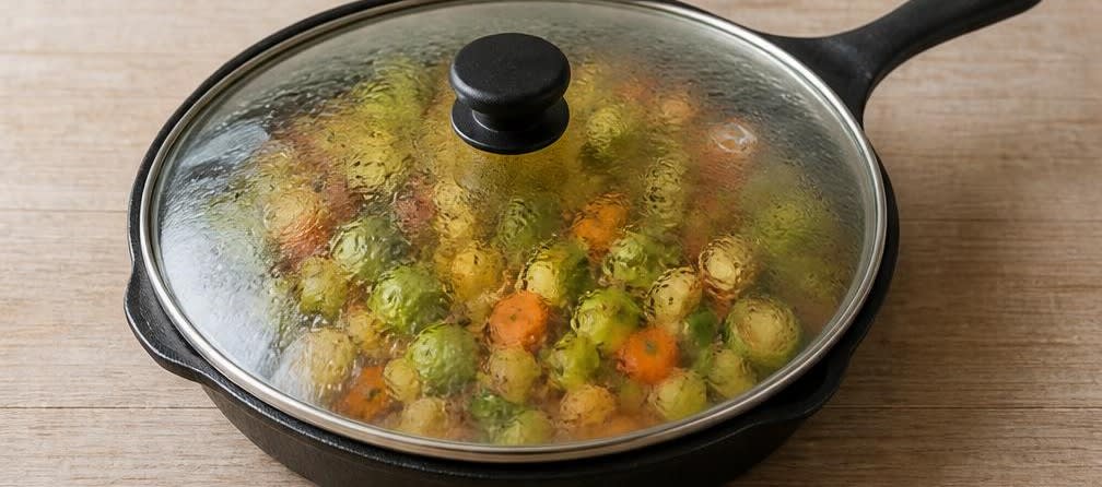 Deftige Rosenkohl-Kartoffel-Pfanne mit gerösteten Walnüssen – Zubereitung Schritt für Schritt – Gemüse dünsten