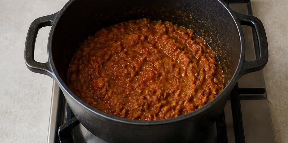 Pakistanisches Hähnchen-Salan mit geschmorten Tomaten – Zubereitung Schritt für Schritt – Tomaten-Gewürz-Basis kochen