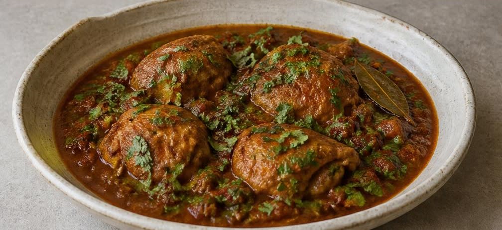 Pakistanisches Hähnchen-Salan mit geschmorten Tomaten – Zubereitung Schritt für Schritt – Salan anrichten