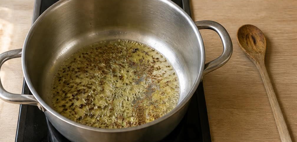 Pakistanisches Kichererbsen-Aloo-Curry – Zubereitung Schritt für Schritt – Ghee erhitzen & Kreuzkümmel rösten