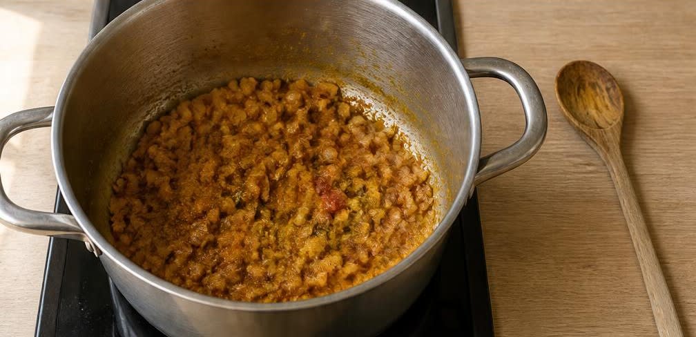 Pakistanisches Kichererbsen-Aloo-Curry – Zubereitung Schritt für Schritt – Zwiebeln andünsten & Gewürze mitbraten