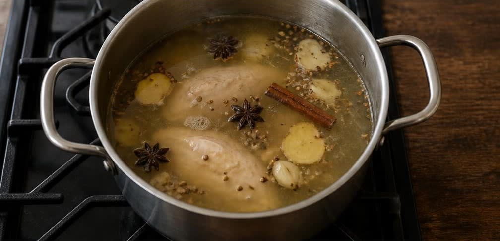 Vietnamesische Hähnchenbrust-Suppe mit Reisnudeln – Zubereitung Schritt für Schritt – Brühe und Huhn kochen
