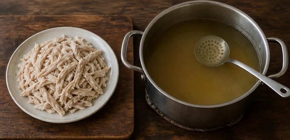 Vietnamesische Hähnchenbrust-Suppe mit Reisnudeln – Zubereitung Schritt für Schritt – Huhn zupfen, Brühe klären