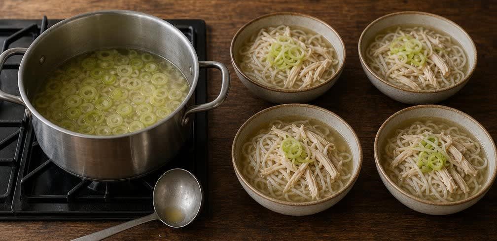 Vietnamesische Hähnchenbrust-Suppe mit Reisnudeln – Zubereitung Schritt für Schritt – Lauch blanchieren, anrichten