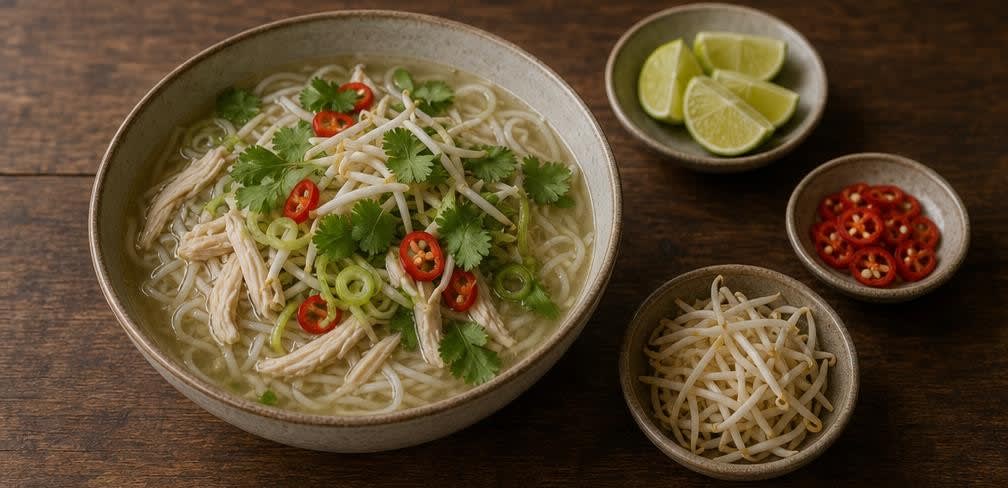 Vietnamesische Hähnchenbrust-Suppe mit Reisnudeln – Zubereitung Schritt für Schritt – Servieren und Garnieren