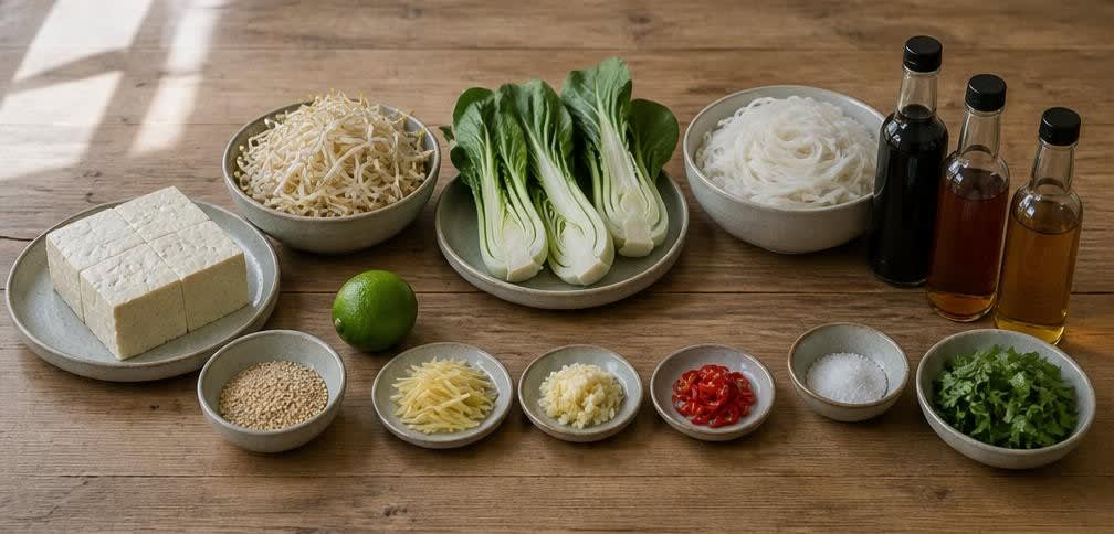 Gedämpfter Tofu mit Mungbohnensprossen und Pak Choi – Zutaten bereitstellen