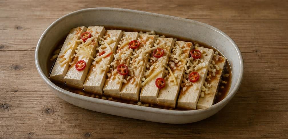 Gedämpfter Tofu mit Mungbohnensprossen und Pak Choi – Zubereitung Schritt für Schritt – Tofu und Marinade vorbereiten