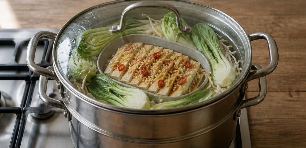 Gedämpfter Tofu mit Mungbohnensprossen und Pak Choi – Zubereitung Schritt für Schritt – Im Dämpfeinsatz garen