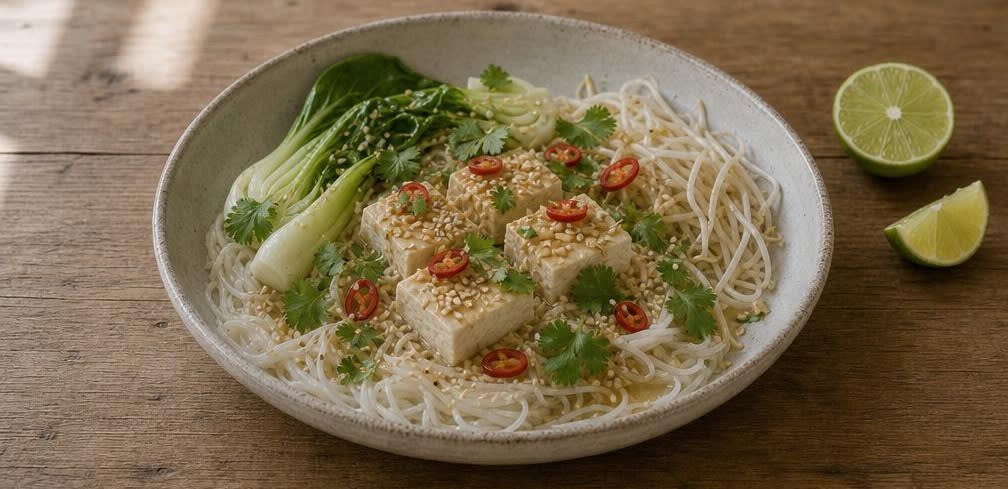 Gedämpfter Tofu mit Mungbohnensprossen und Pak Choi – Zubereitung Schritt für Schritt – Fertig garnieren