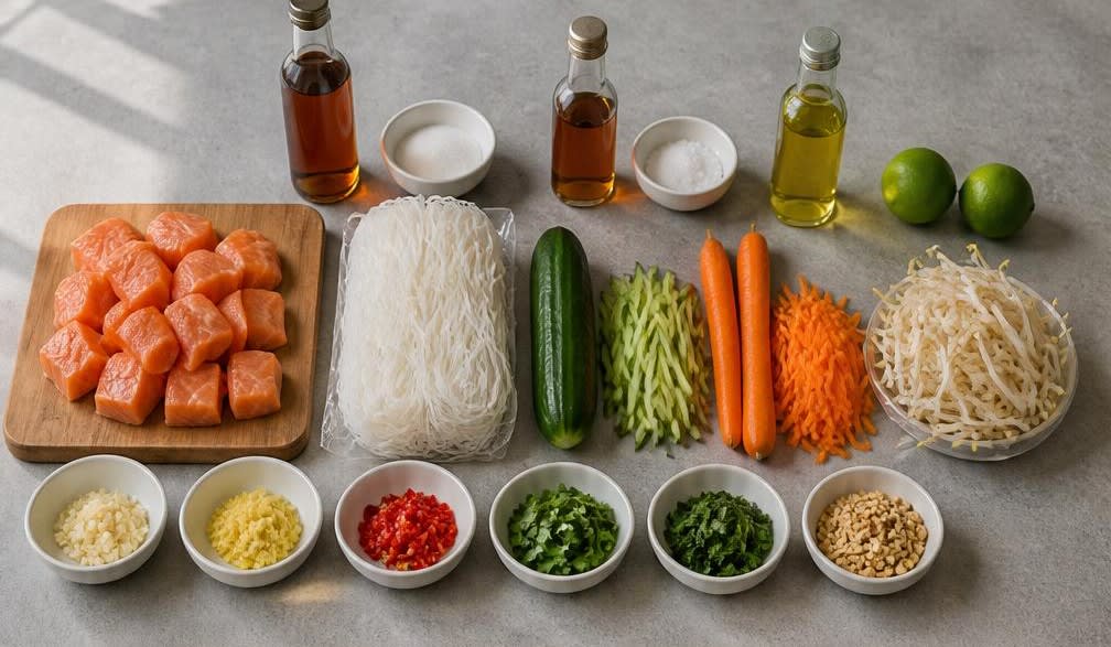 Vietnamesische Lachs-Bowl mit Reisnudeln und knackiger Gurke – Zutaten