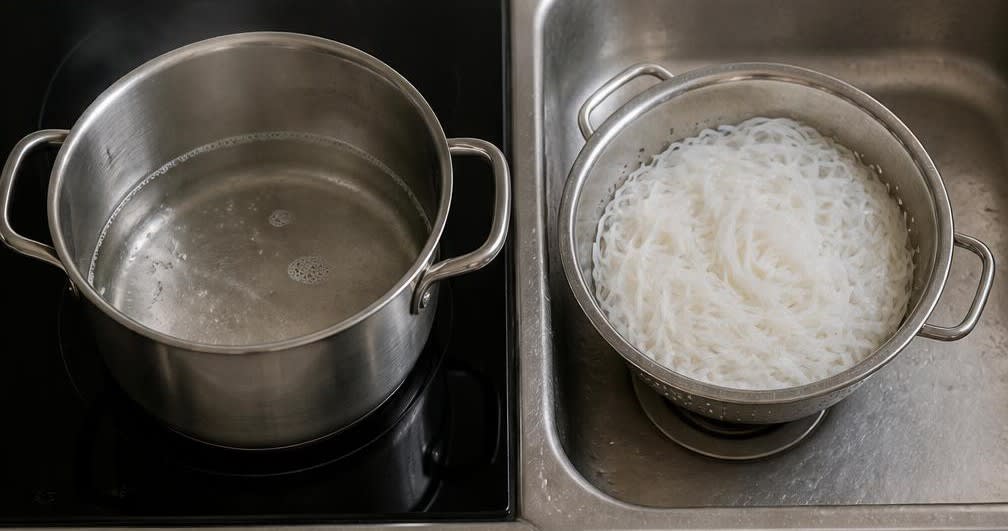 Vietnamesische Lachs-Bowl mit Reisnudeln und knackiger Gurke – Zubereitung Schritt für Schritt – Reisnudeln kochen und abgießen