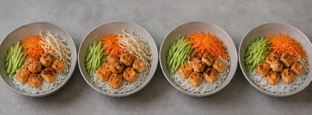 Vietnamesische Lachs-Bowl mit Reisnudeln und knackiger Gurke – Zubereitung Schritt für Schritt – Bowls arrangieren