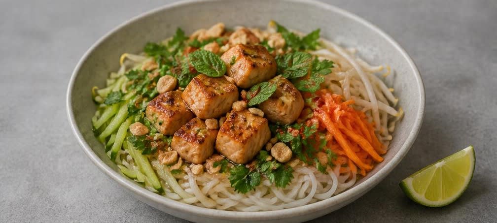 Vietnamesische Lachs-Bowl mit Reisnudeln und knackiger Gurke – Zubereitung Schritt für Schritt – Anrichten