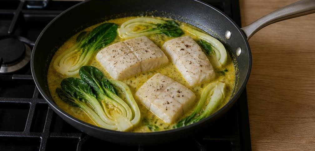 Indonesischer gedämpfter Kabeljau in würziger Kokossoße – Zubereitung Schritt für Schritt – Fisch und Pak Choi einlegen