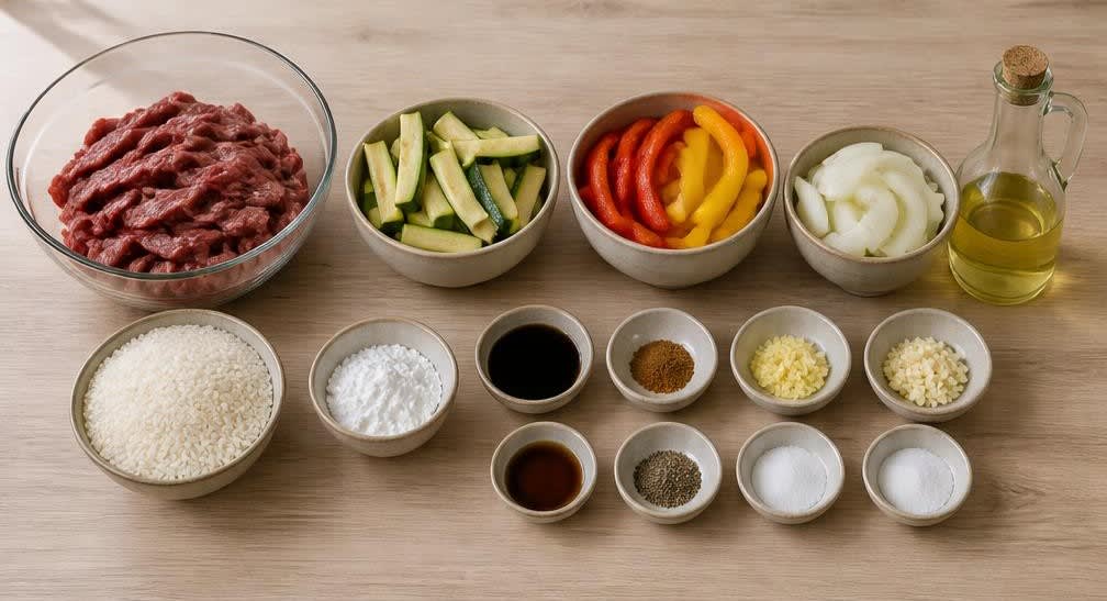 Chinesische Rinderstreifen mit Zucchini und Paprika – Zutaten