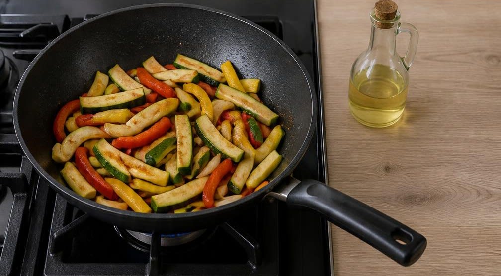 Chinesische Rinderstreifen mit Zucchini und Paprika – Zubereitung Schritt für Schritt – Gemüse anbraten