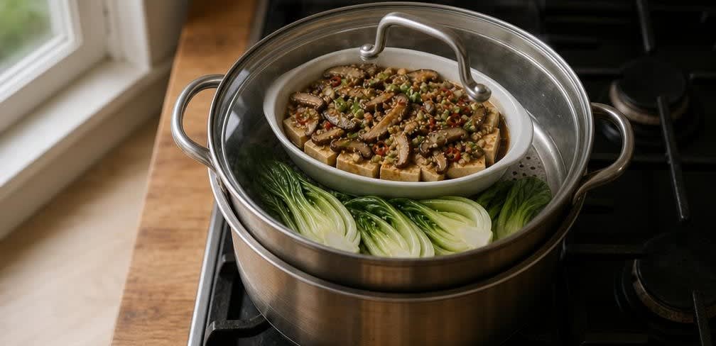 Gedämpfter Tofu mit Shiitake und Pak Choi – Zubereitung Schritt für Schritt – Dämpfen