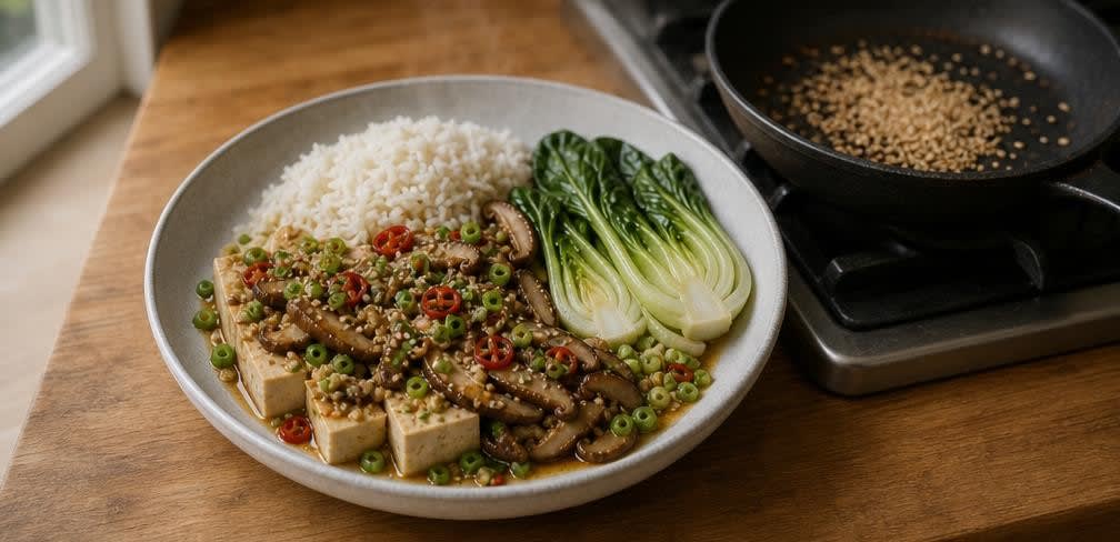 Gedämpfter Tofu mit Shiitake und Pak Choi – Zubereitung Schritt für Schritt – Anrichten