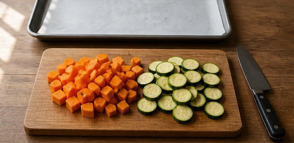 Ofen-Hähnchenbrust mit geröstetem Kürbis – Zubereitung Schritt für Schritt – Gemüse schneiden