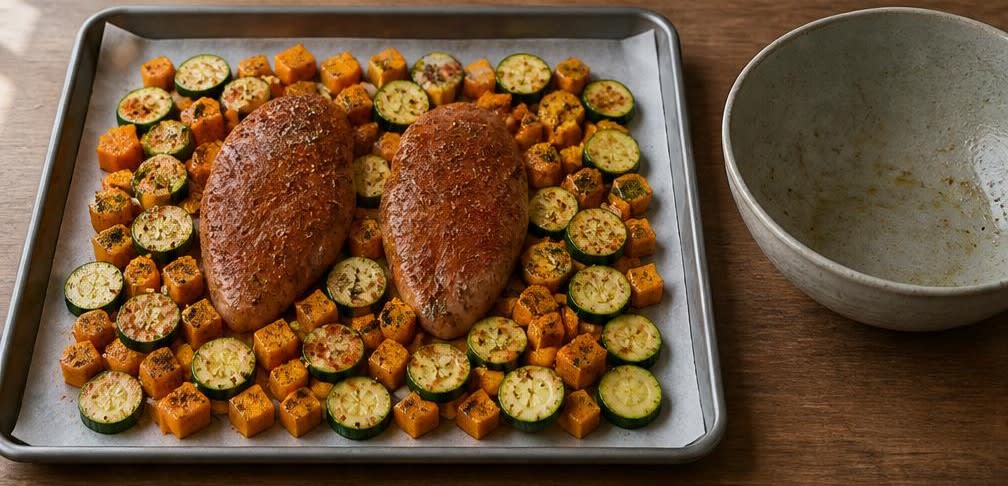 Ofen-Hähnchenbrust mit geröstetem Kürbis – Zubereitung Schritt für Schritt – Auf Backblech verteilen