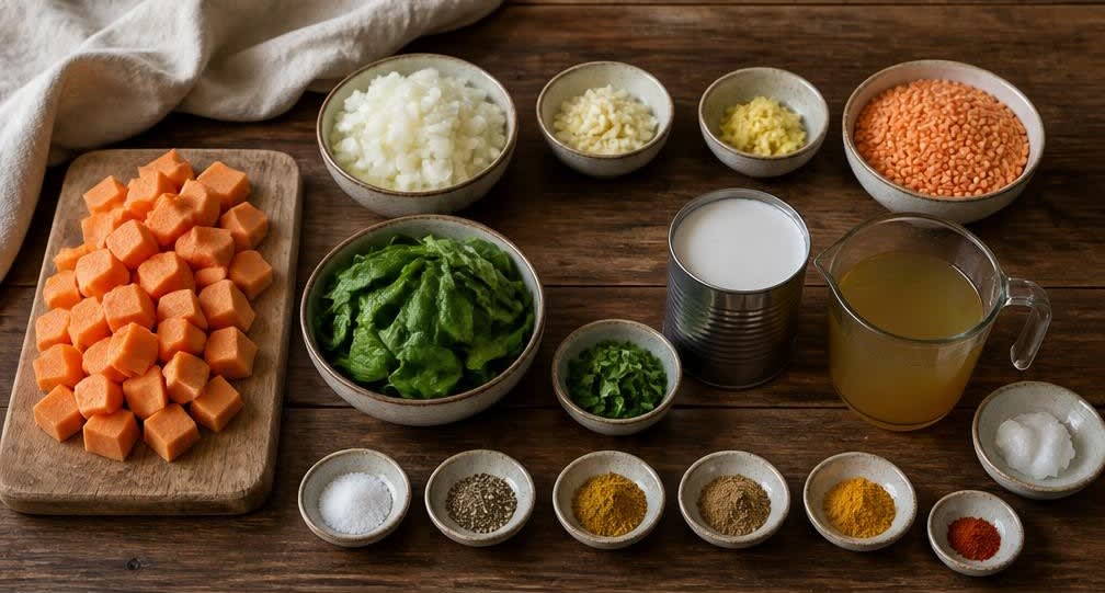 Cremiges Süßkartoffel-Linsen-Curry mit Spinat – Zutaten