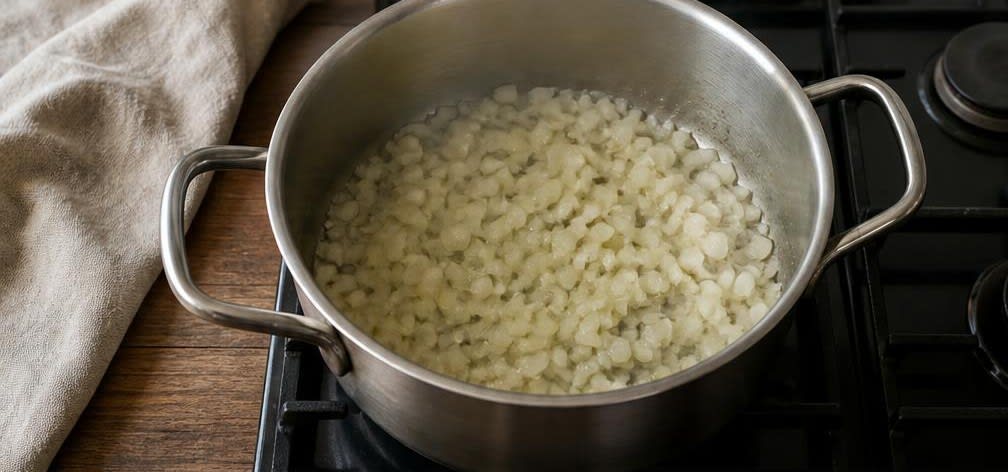 Cremiges Süßkartoffel-Linsen-Curry mit Spinat – Zubereitung Schritt für Schritt – Zwiebeln anschwitzen