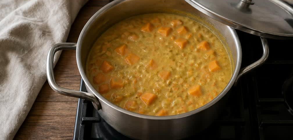 Cremiges Süßkartoffel-Linsen-Curry mit Spinat – Zubereitung Schritt für Schritt – Curry köcheln lassen
