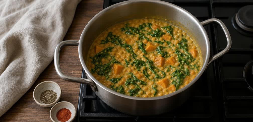 Cremiges Süßkartoffel-Linsen-Curry mit Spinat – Zubereitung Schritt für Schritt – Spinat unterheben
