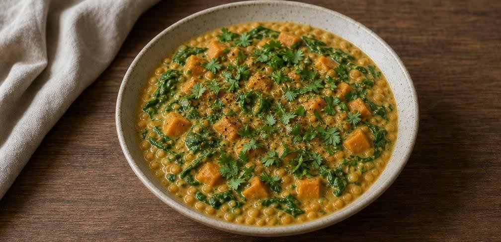 Cremiges Süßkartoffel-Linsen-Curry mit Spinat – Zubereitung Schritt für Schritt – Anrichten